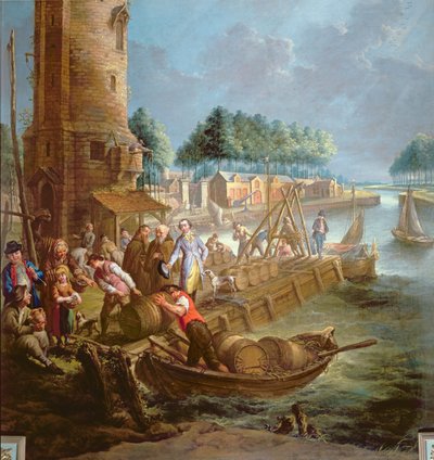 Kanalszene mit Weinhändler, der Fässer entlädt von Jan Anton Garemyn