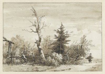 Landschaft mit Baumgruppe und rechts eine Holzsammlerin von Jan Apeldoorn