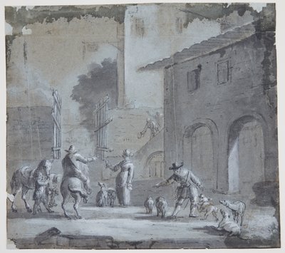 Stadtszene mit einem offenen Tor, Figuren und Tieren von Jan Asselijn