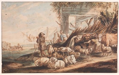 Hirte mit einer Schafherde und einer Kuh unter Ruinen von Jan Baptist Weenix