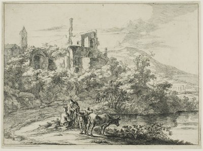 Landschaft mit Ruinen und zwei Kühen am Wasser, aus einer Serie von vier horizontalen römischen Landschaften von Jan Both
