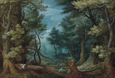 Waldlandschaft mit Jägern, die einen Hirsch verfolgen von Jan Brueghel the Elder