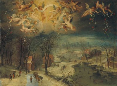 Eine Winterlandschaft mit Dorfbewohnern, die Holz sammeln, und Schlittschuhläufern auf einem zugefrorenen Fluss..., Erstes Drittel des 17. Jahrhunderts von Jan Brueghel the Elder