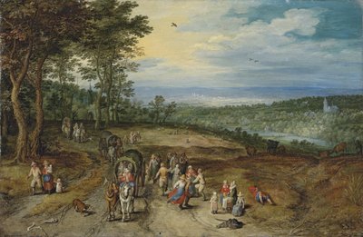 Weitläufige bewaldete Landschaft mit Reisenden auf einem Weg und tanzenden Bauern im Vordergrund von Jan Brueghel the Elder