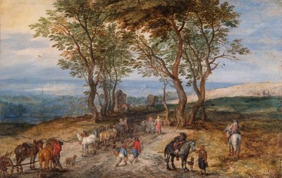 Ländliche Straßenszene mit Figuren: ein Mann betet an einem Schrein, um 1610 von Jan Brueghel the Elder