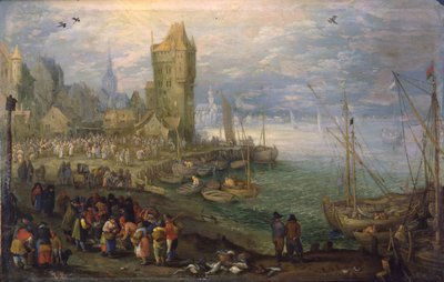 Vismarkt bij een haven von Jan Brueghel the Elder