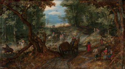 Wald mit Wagen, die einen Bach überqueren, und Reitern von Jan Brueghel the Elder