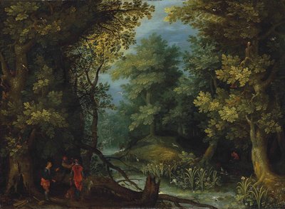 Jäger mit Hunden an einem Bach in einer bewaldeten Landschaft von Jan Brueghel the Elder