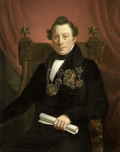 Porträt von Coenraad van Hulst, Schauspieler, als Präsident der Kunstförderungsgesellschaft VW in Amsterdam (benannt nach den Gründern Casper Vreedenberg und Jan van Well) von Jan Cornelis van Rossum