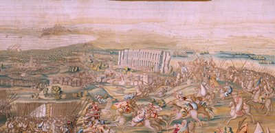 Flämischer Wandteppich. Serie Die Eroberung von Tunis. Der Angriff auf La Goleta. Vierter Wandteppich der Serie. Modell Jan Vermeyen und Pieter Coecke van Aelst. 1543-1548. Herstellung Real Fábrica de Tapices de Santa Bárbara, Madrid von Jan Cornelisz Vermeyen
