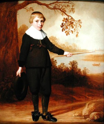 Porträt eines siebenjährigen Jungen in einer Flusslandschaft, 1640 von Jan Damen Cool