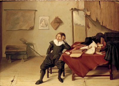 Innenraum eines Zimmers mit einem jungen Mann, der an einem Tisch sitzt von Jan Davidsz de Heem