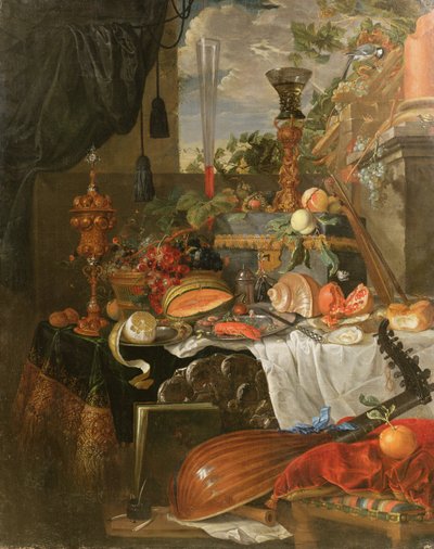 Stillleben mit Essen und Musikinstrumenten von Jan Davidsz de Heem