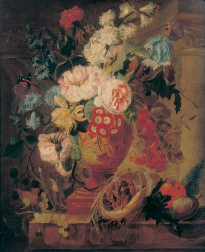 Blumen in einer Terrakottavase, dekoriert mit Putti, mit Früchten, Schmetterlingen, einer Schmeißfliege, einer Schnecke, einer Spinne und vier Küken in einem Nest auf einem Sims von Jan Frans Eliaerts