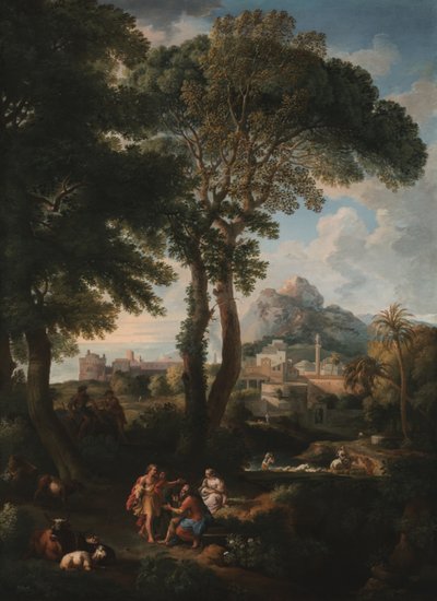 Eine klassische Flusslandschaft mit Figuren, die sich auf einer Straße im Vordergrund begrüßen, mit Blick auf eine Stadt in der Ferne von Jan Frans van Bloemen