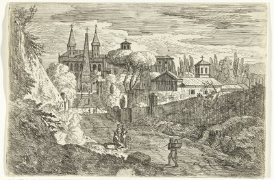 Italianisierende Landschaft mit Reisenden bei Stadtmauern von Jan Frans van Bloemen