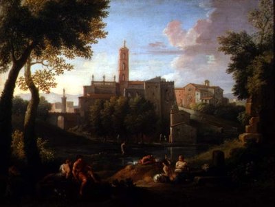 Landschaft mit Figuren in der Nähe einer Stadt von Jan Frans van Bloemen