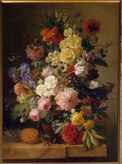 Blumen auf einer Marmorkonsole mit einer Ananas von Jan Frans van Dael