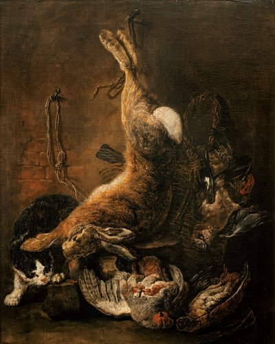Ein Hase, Tauben und anderes Wild mit einer Katze von Jan Fyt