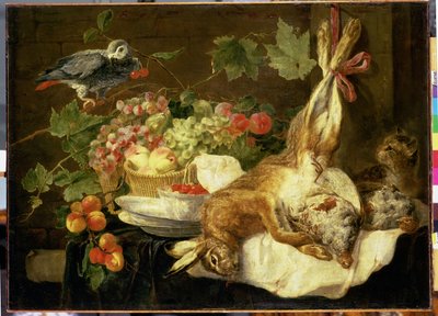 Stillleben mit Hase, Früchten und Papagei, 1647 von Jan Fyt