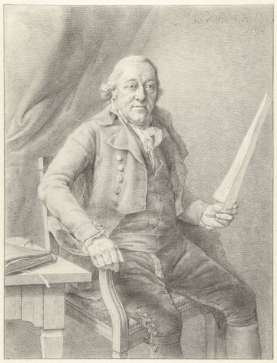 Porträt von Reinier Vinkeles I, sitzend auf einem Stuhl mit einem Blatt Papier in der Hand von Jan Gerard Waldorp