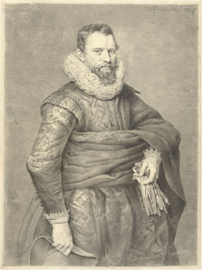 Porträt eines Mannes mit Handschuhen und Hut in der Hand, nach rechts von Jan Gerard Waldorp