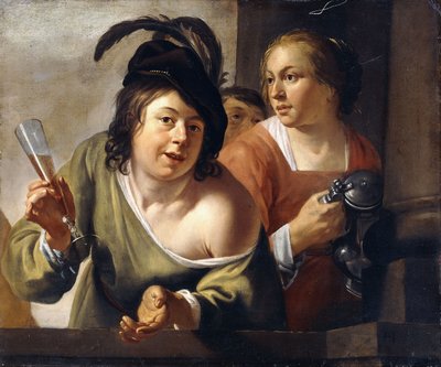Ein junger Trinker und eine Dienerin trinken auf einem Balkon von Jan Gerritsz. van Bronckhorst