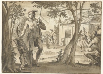 Menschen bei einem Holzgebäude von Jan Goeree