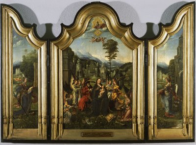 Die Heilige Familie mit der Heiligen Katharina und der Heiligen Barbara Triptychon, ca. 1505 von Jan Gossaert