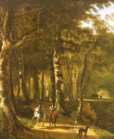 Reisende auf einem Pfad in einer bewaldeten Landschaft von Jan Hackaert