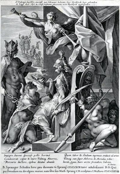 Merkur und Minerva bewaffnen einen Helden mit einer Stierhaut und einem Lorbeerkranz, 1604 von Jan Harmensz Muller