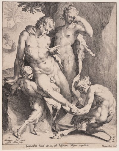 Oreaden ziehen einen Dorn aus dem Fuß eines Satyrs von Jan Harmensz. Muller