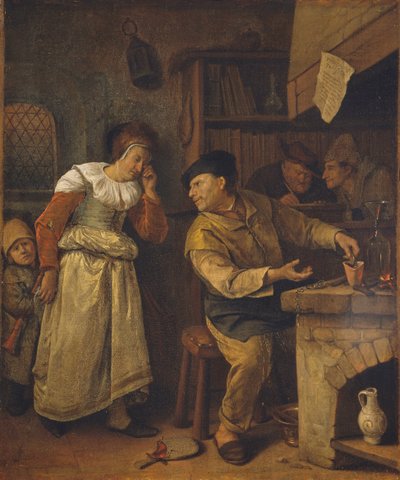 Ein Goldschmied schmilzt den Schmuck einer Frau in Anwesenheit eines Notars: Der Alchemist, ca. 1668-1670 von Jan Havicksz. Steen