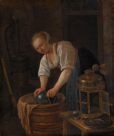 Frau beim Scheuern von Metallwaren von Jan Havicksz. Steen