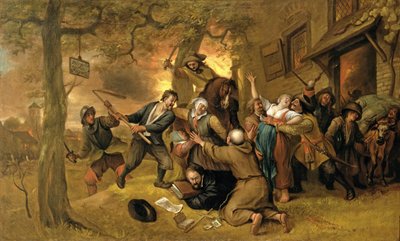 Bauern und Soldaten vor einer Taverne - Eine Allegorie auf die Vergewaltigung der Niederlande von Jan Havickszoon Steen