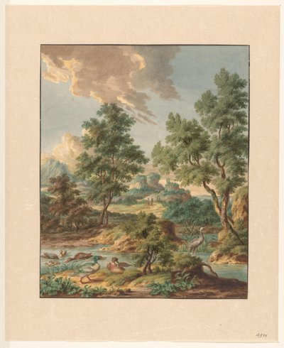 Landschaft mit Wasservögeln in einem Teich von Jan Hendrik Troost van Groenendoelen
