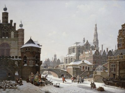 Eine Capriccio-Ansicht einer Stadt mit Figuren auf einem zugefrorenen Kanal von Jan Hendrik Verheyen