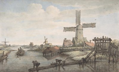 Blick auf einen Kanal mit drei Windmühlen von Jan Hulswit