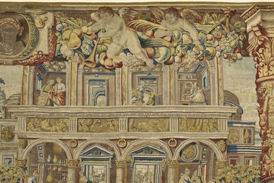 Detail des Palastes und Musikerengel aus Vertumnus und Pomona, ca. 1630 von Jan II Raes