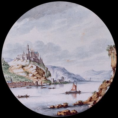 Ein Blick entlang des Rheins mit dem Dorf St. Goar und der Burg Rheinfels von Jan I van Call