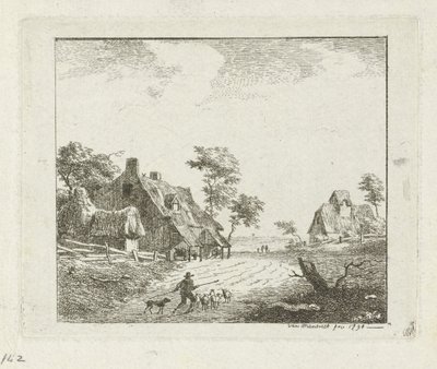 Landschaft mit Hirte und Schafen bei zwei Bauernhöfen von Jan Izaak van Mansvelt