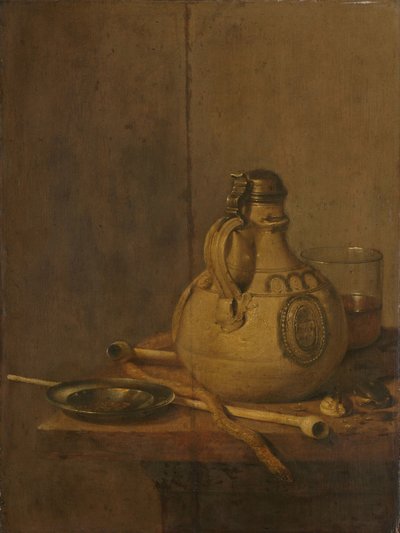 Stillleben mit Steingutkrug und Pfeifen von Jan Jansz. Treck