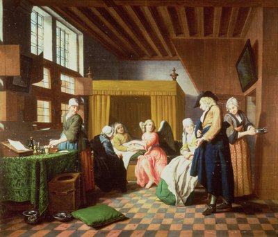 Die Besuche des Arztes - Ein niederländisches Sprichwort: Der Arzt wird als Engel dargestellt, der dem kranken Mann Hilfe leistet (eines von vier) von Jan Josef the Elder Horemans