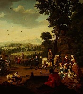 Eine elegante Falkenjagdgesellschaft ruht in einem Park von Jan Josef the Younger Horemans