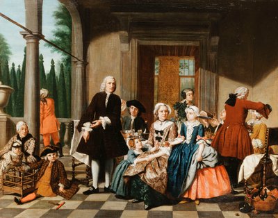 Porträt einer Familie beim Essen auf einer Veranda, ein formaler Garten dahinter, 1747 von Jan Josef the Younger Horemans