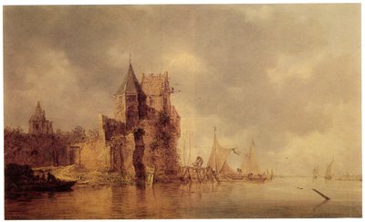 Ein mittelalterlicher Turm auf einer Burgmauer mit Segelschiffen an einem Steg und einem Ruderboot im Vordergrund, ca. 1642 von Jan Josephsz van Goyen