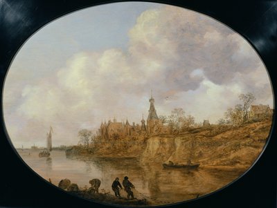 Drei Fischer ziehen ein Netz und Körbe am Ufer einer Flusslandschaft mit einem Schloss und einem Dorf in der Ferne von Jan Josephsz van Goyen