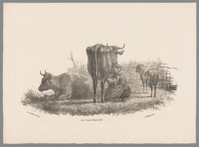 Melkende Bäuerin, zwei Kühe und ein Widder von Jan Kobell (III)