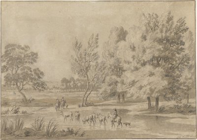 Landschaft mit Bäumen, Reitern und einigen Kühen an einer Tränke von Jan Laurensz. van der Vinne