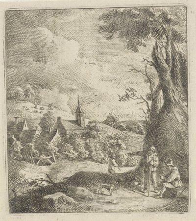 Landschaft mit einem Dorf und zwei Männern bei einem Baum von Jan Lauwryn Krafft (I) (attributed to)